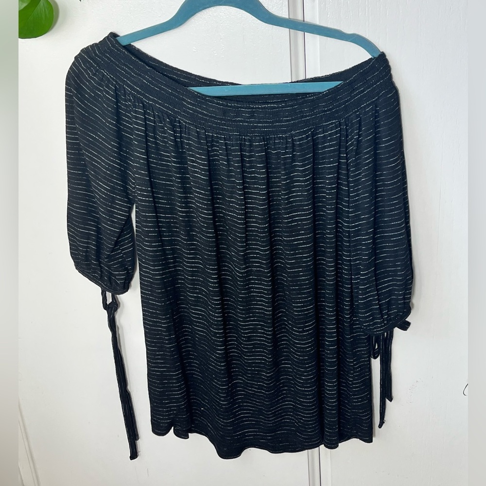 Knox Rose Top Black Striped Off the Shoulder 3/4 Tie Sleeve Women’s Size Small